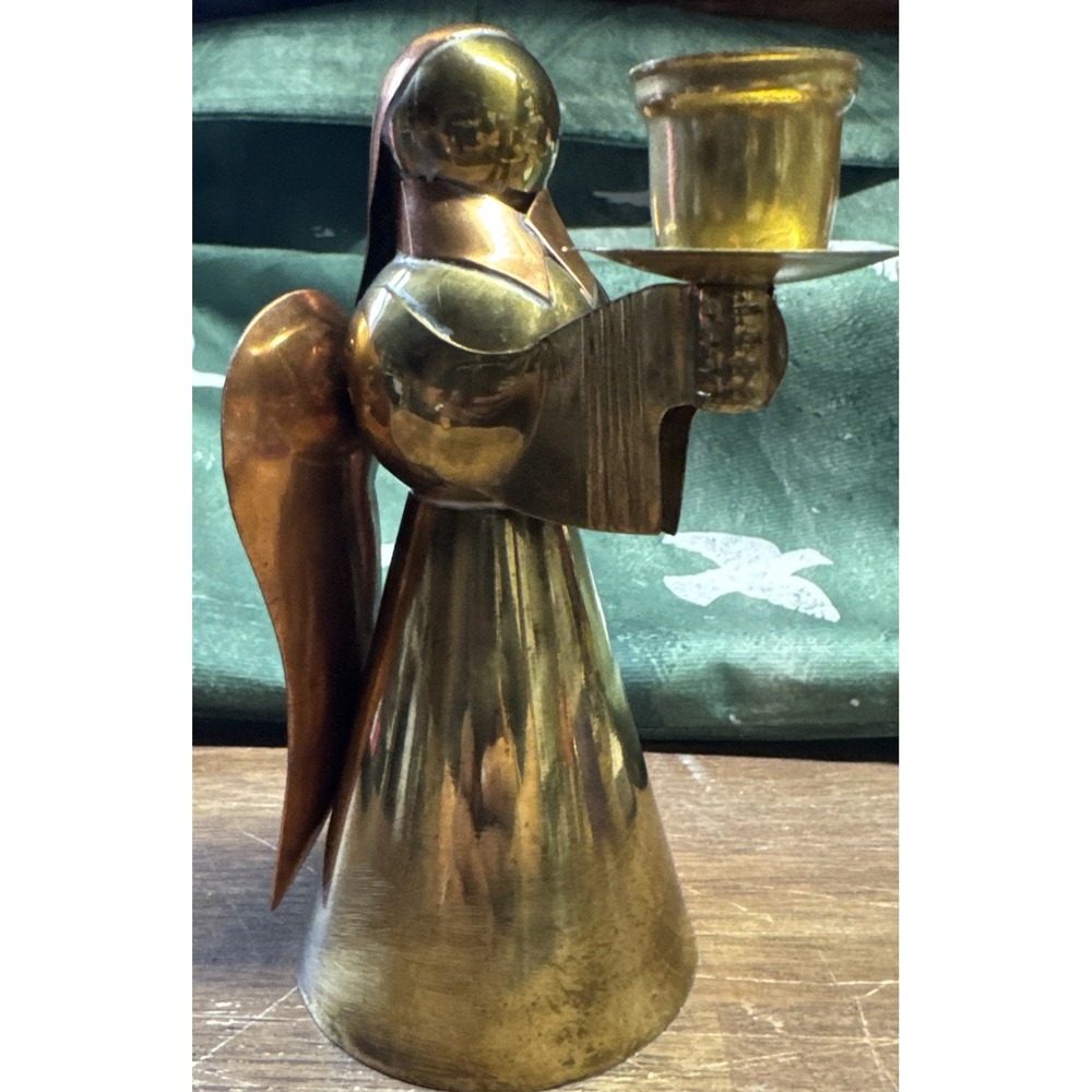 Vintage Brass/Copper Angel, Wing, Candle Holder Sculpture 6"